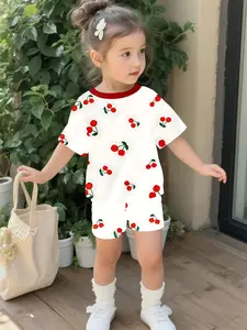 Baby Girl's Short-sleeve Set with All-over Red and White Cherry Print, Digital Printing, 100% Polyester. A lovely casual outfit for baby girls, suitable for daily wear and outdoor sports as a T-shirt. A perfect gift for babies and toddlers, Baby Clothing