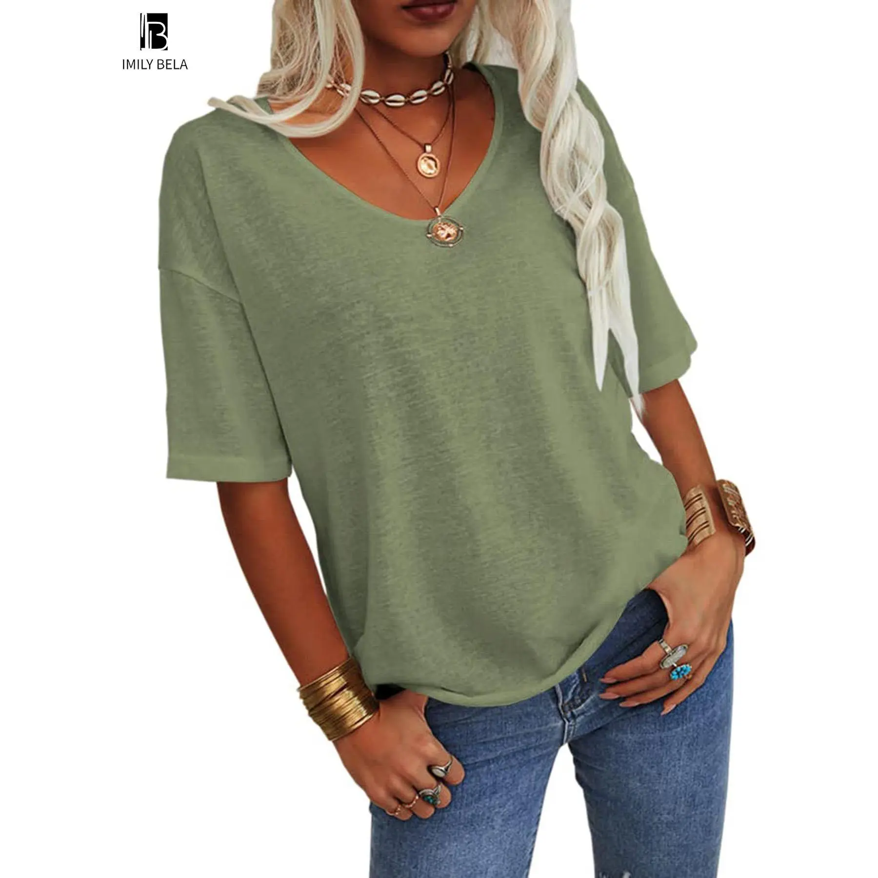 Women's Plain V Neck Drop Shoulder Tee, Casual Chic Minimalist Solid Color Half Sleeve T-shirt for Summer, Women's Basic Top for Daily Wear