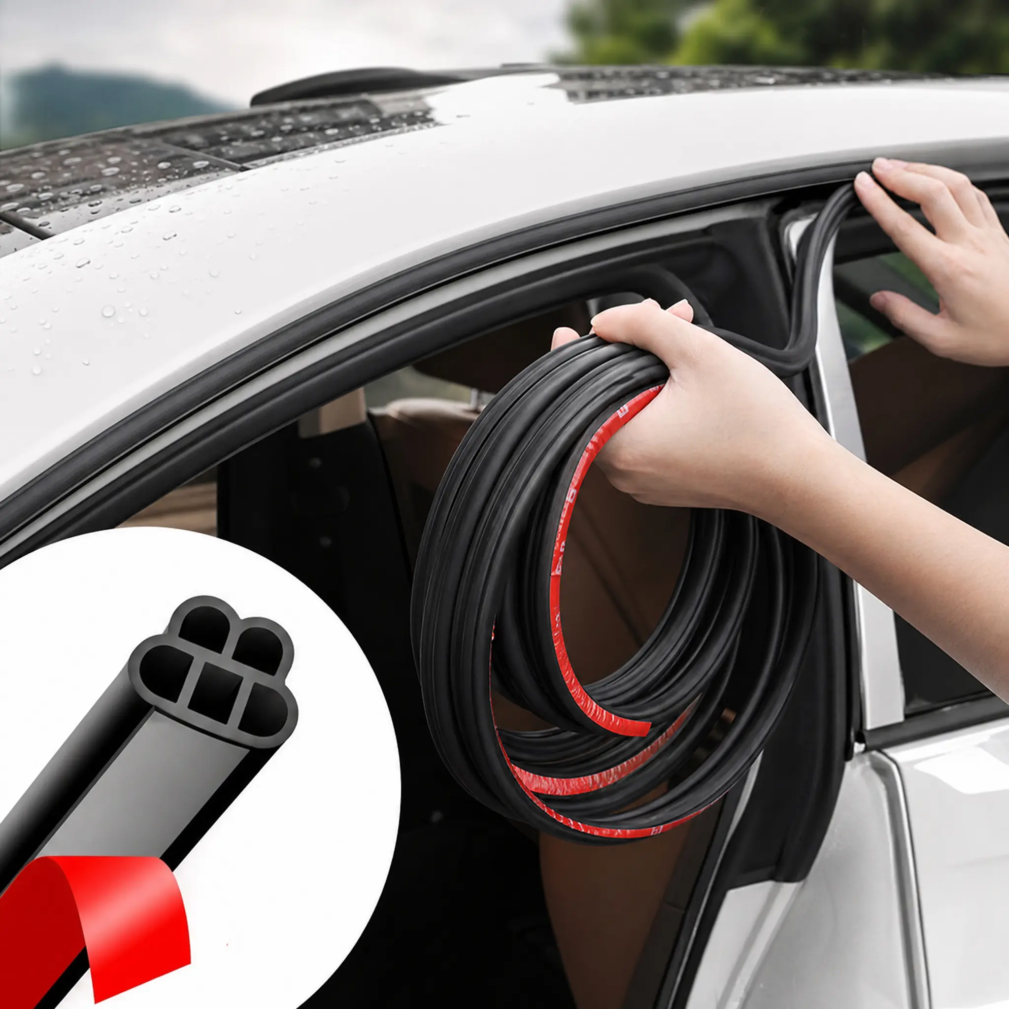 33 Ft Car Door Seal Strip Universal, Rubber Double Layer Vehicle Weather Stripping, 5 Hole Soundproof Self Adhesive Automotive Sealing Strip Accessories, Seal Strip for Cars Trucks SUVs RVs