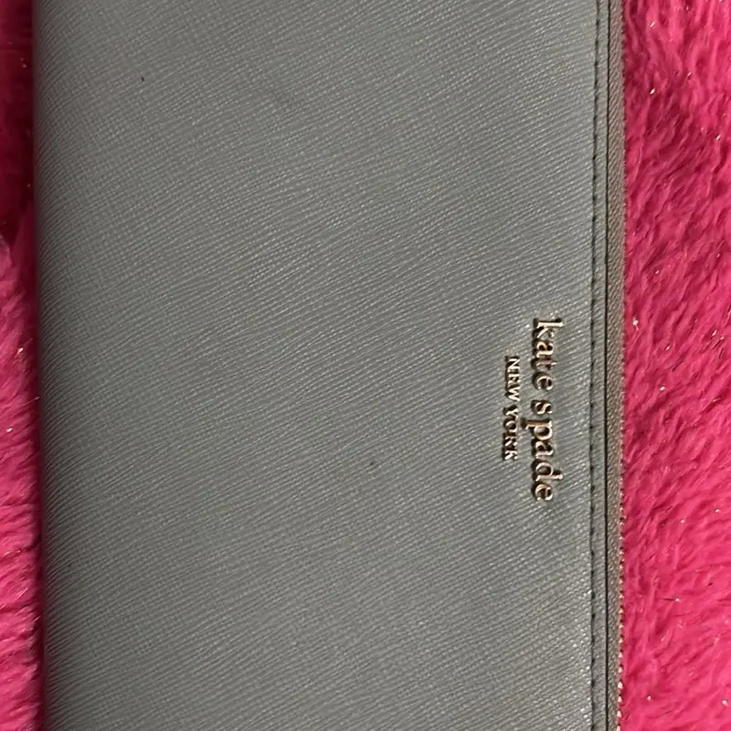 Kate Spade New York Gray Wallet with Pink Fur Trim and Logo Embroidery