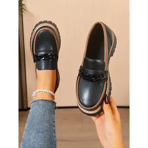 Women's Chain Loafers, Spring & Fall Casual PU Leather Shoes, Less Than Ankle Height, Plain Pattern, PVC Sole