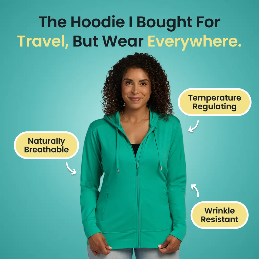 Woolx Ryann Merino Wool Hoodie – Lightweight Zip Up Women's Travel Hoodie Odor Resistant Moisture Wicking Wrinkle Free Packable All Season