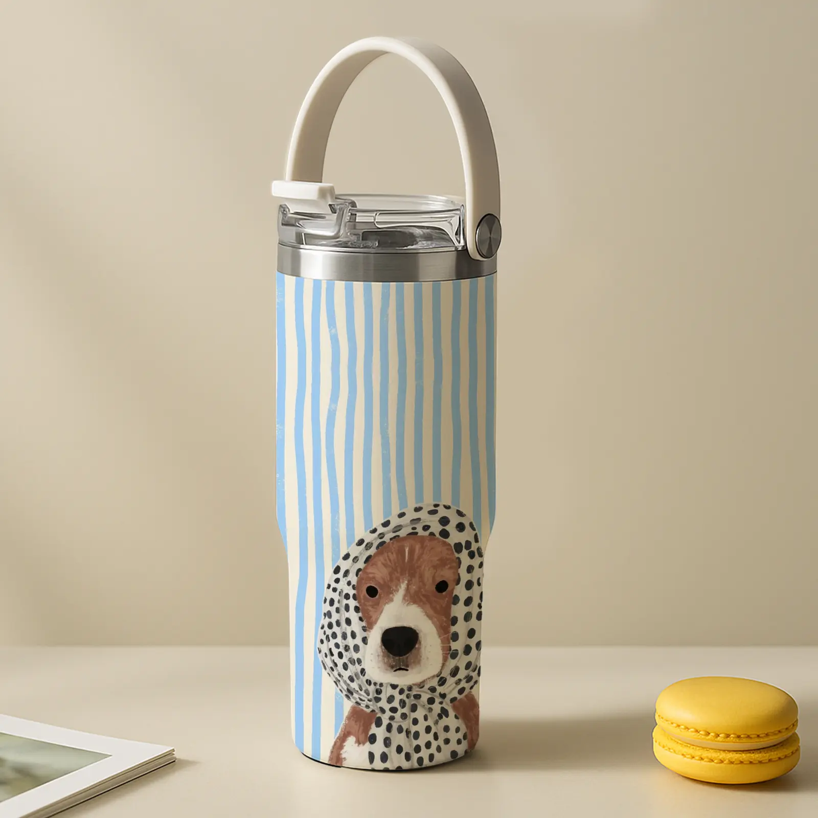 1 Pc 30oz insulated mug, stainless steel double wall vacuum cup, Vacuum insulated flask, skinny leak-proof thermal mug, hot 12 h/cold 24 h, dog illustration with stripe design, lightweight tumbler, holiday Christmas gift for women friends