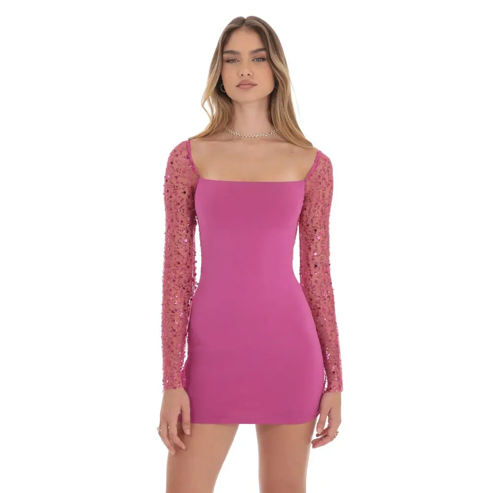 Sequin Long Sleeve Dress in Magenta