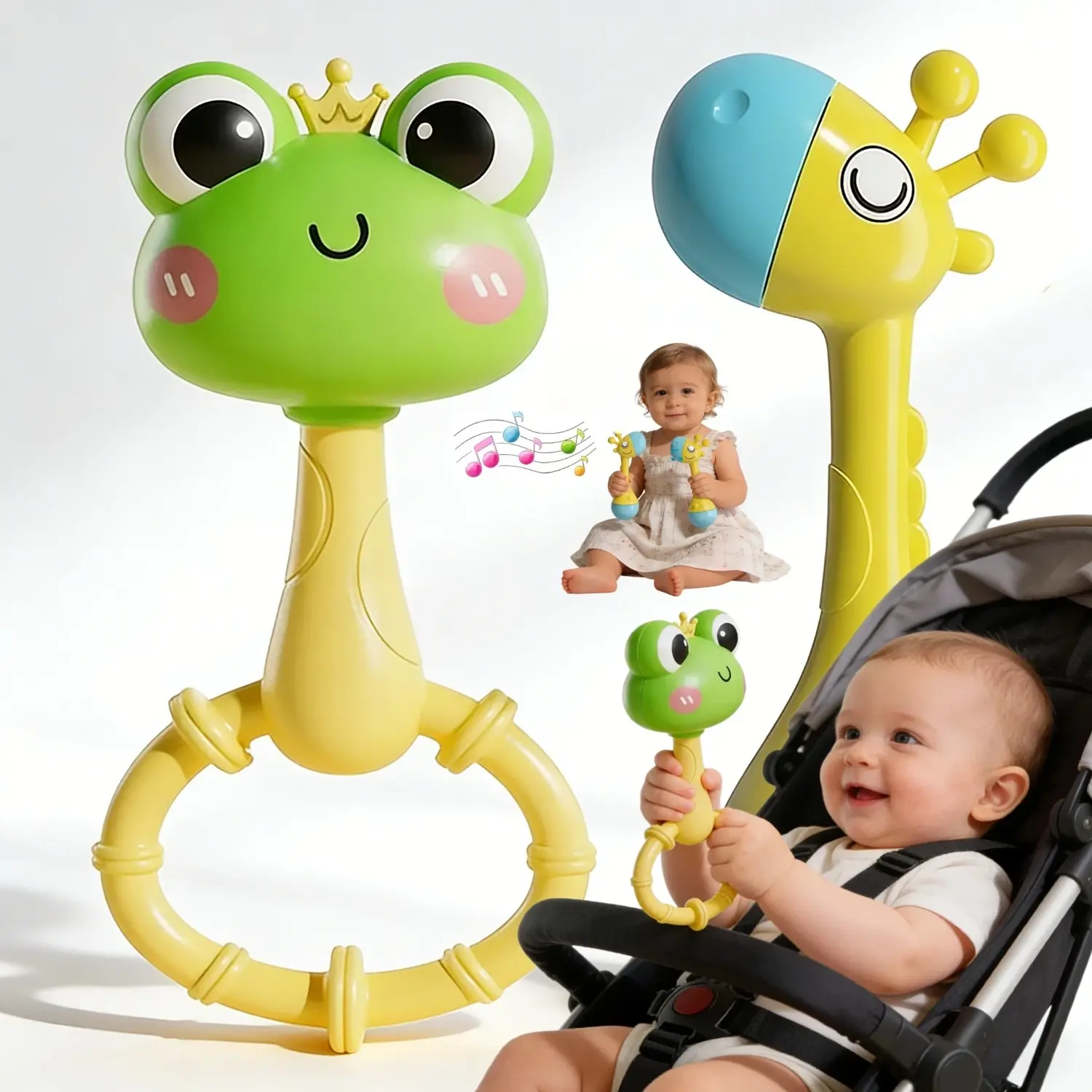 2pcs handheld rattle, colorful Cute animal design, baby sensory awakening rattle, helps develop motor skills and hand-eye coordination, Rattle Maracas