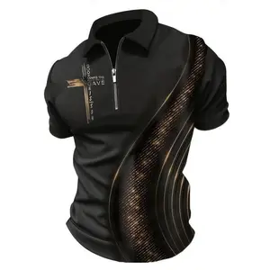 Men's fashion geometric lines and cross print short sleeved zipper lapel shirt for summer daily use