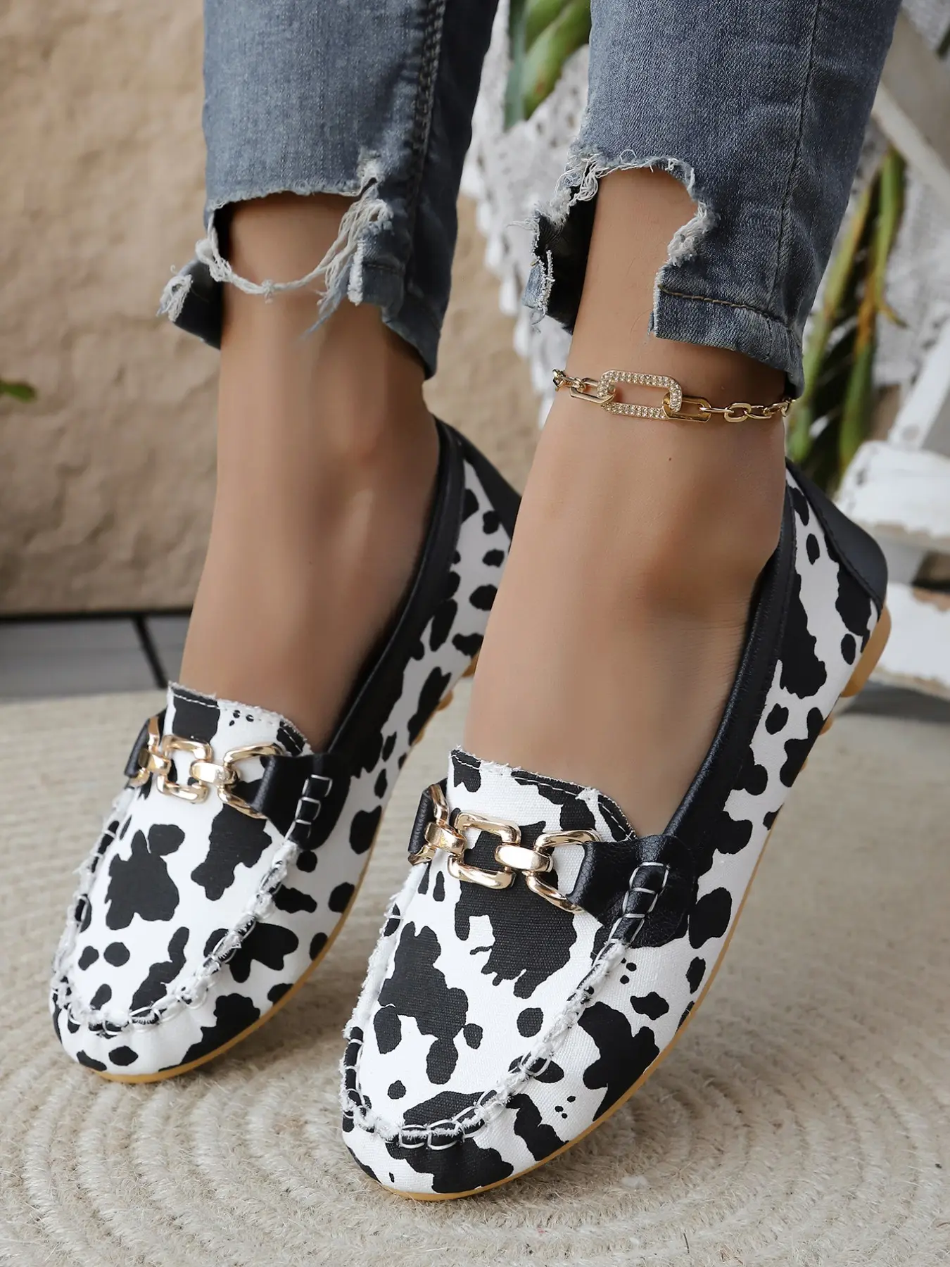 New Vintage Cow Print Bean Shoes, Metal Buckle, Soft Sole, Rubber, Anti-Slip, Breathable, Comfortable, Casual, Classic, All Seasons, Women's Slip-On Flat Shoes