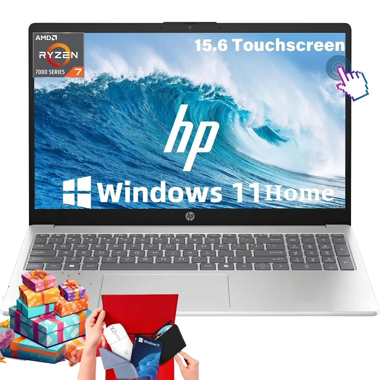 HP 15.6" FHD Touchscreen FHD Display Pre-Built Laptop - AMD Ryzen 7 7730U, Up to 32GB RAM, 1TB SSD, Copilot AI Key, WiFi 6, Fast Charge, built-in bat., Multiple Ports, Windows 11 Home, D1523, Portable for Business Users, Accessory Bundle