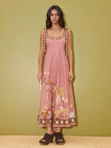 LikeMhChoice 2026 Women's Linen-Blend Embroidered Midi Dress - Tie Shoulder Straps, Jungle Print, Beach & Resort Casual Womenswear
