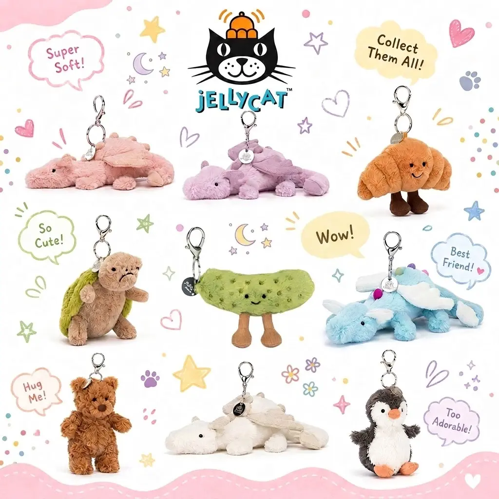 Jellycat Plush Keychain - Soft Mini Stuffed Animal Bag Charm Pendant, Cute Gift for Collectors, Fashion Accessory for Kids & Teens