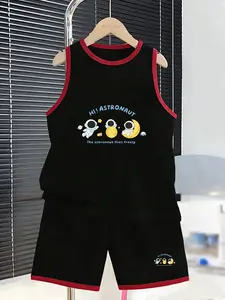 Boys' Fun Astronaut Vest Shorts Set, Sci-Fi Print, Sleeveless Vest with Matching Shorts, Loose Fit, Ideal for Space Theme Events