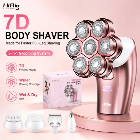 HIBIG 7-Head Electric Shaver for Women, Legs & Body Hair Removal, 5-in-1 IPX7 Waterproof Rechargeable Wet/Dry Razor, Halloween Gifts for Her, Unique Gifts