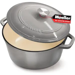 ccMÜELLERHOME 7.5 QT Enamel Cast Iron Dutch Oven, Heavy-Duty, Oven-Safe up to 500 °   F & Across All Cooktops, Casserole Dish and Braiser Pan with Lid and Stainless Knob, Grey