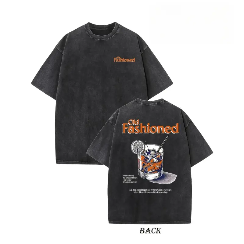 ZestLoop Men's 230gsm Cotton Vintage Washed T-Shirt - Double-Sided "OLD FASHIONED" Graphic, Loose Fit Streetwear, Ribbed Neckline, Unisex Hip Hop Casual Crewneck graphic tee