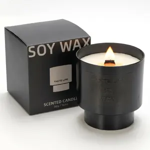 Teakwood &  Scented Candle for Men, 10.5oz Soy Candle, Crackling  Wick, Black Jar, 75H ,   for Boyfriend, Husband, Dad & Father's Day