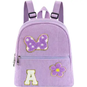 L-AD057  2 3 4 5 6 Year Old Girl Gifts Chenille Initial Mouse Bow Mini Backpack, Corduroy Toddler Backpacks Christmas Birthday Gifts for Girls 2-4 5-6, Purple Mini Diaper Bag Must Haves for Park Travel A