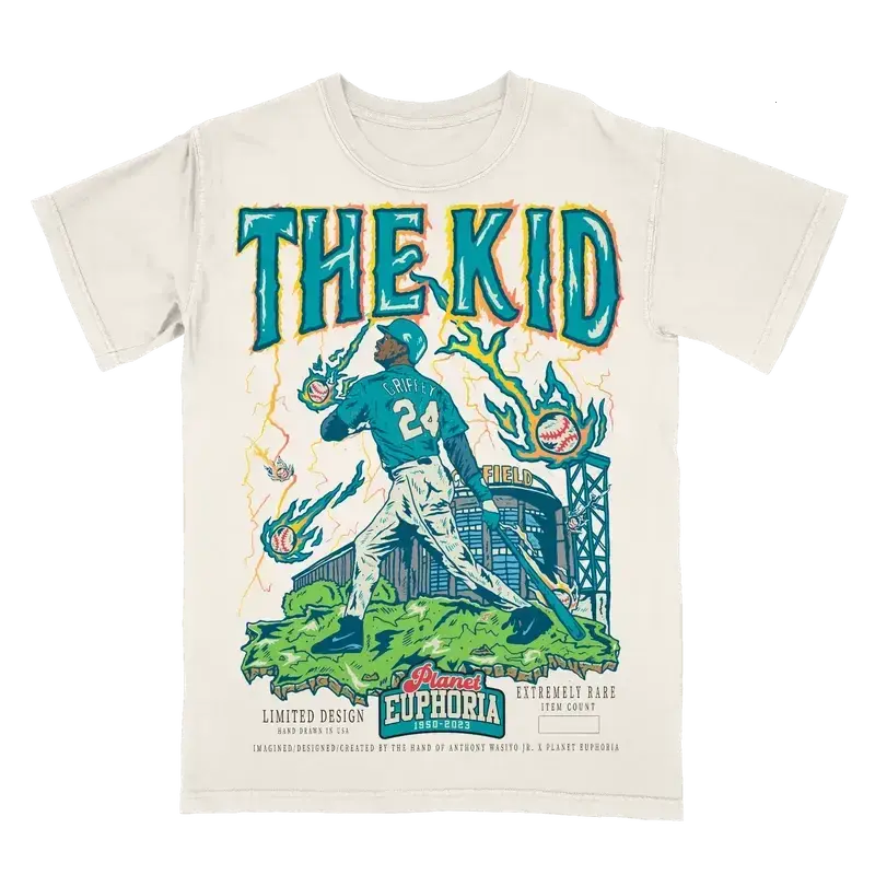 Cotton Fitted Short-Sleeve T-Shirt for Men, Vintage Griffey Jr. Baseball Graphic, Casual Retro Tee for Sports Fans - KitchenEra