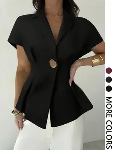 Women's Short Sleeve Business Casual Commuter Top Blouse, Waist Cinched Slimming Design, Perfect for Office Wear, Stylish and Comfortable