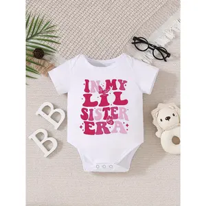 Adorable "In My Little Sister Era" Cotton Onesie for Baby & Toddler Girls - Short Sleeve, Round Neck, Easy Snap Button Closure, Machine Washable - Cute White with Pink Lettering & Heart Accents, Perfect for Casual Outings, Baby Girl Clothes, Perfect for O