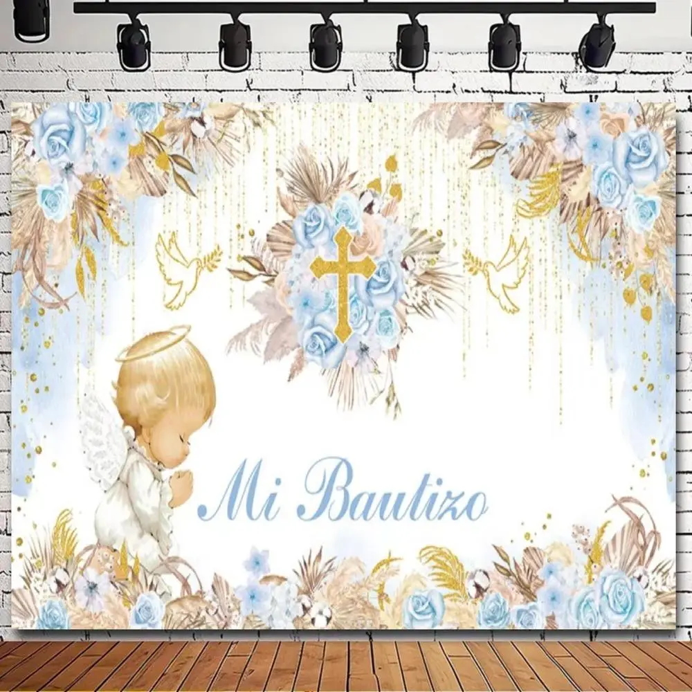 1pc 2D Flat Versatile Polyester Backdrop with Angel Print, Flower Accents, Design, Ideal for First Communion, Baptism, Ornaments, Party Decorations, Banners, Cake Tables & Photography, Floral, Event Decor
