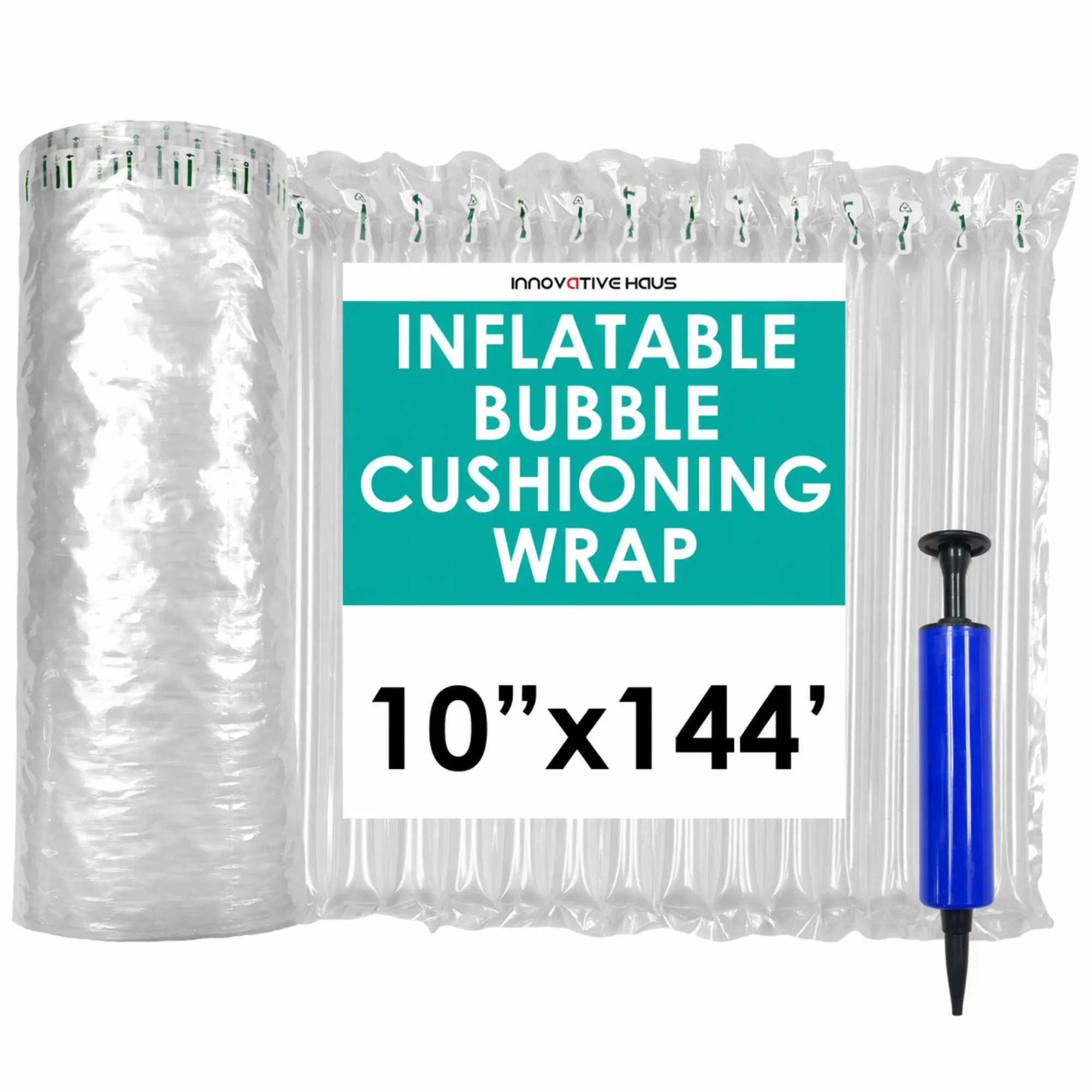 Innovative Haus 10 Inch x 144 Feet Inflatable Bubble Cushioning Wrap Roll with Free Pump for Heavy Duty Packing and Shipping Packaging Supplies. Large Air Pillow Cushion as Wine Bottle Protector