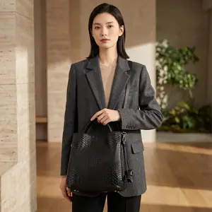Woven Top Handle Handbag - Black Structured Satchel with Tassel Accent Genuine Leather Large Tote Bag
