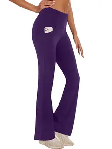 Hanerdun Women's Bootcut Yoga Pants with Pockets High Waist Flare Workout Leggings Purple L Quick-Dry Stretchy Fitness Bottoms