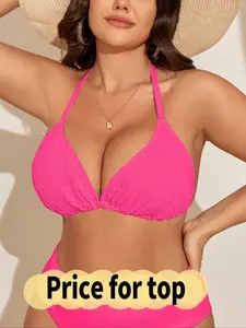 Blue High Neck Two-Piece Plus Size Swimsuit, Slimming Concealing, Vacation Hot Spring Beach Essential, Sexy Girl Style Swimwear, Bikini Top