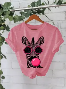 Zebra Fashion Glasses Bubblegum Print Round Neck T-Shirt, Casual Vacation Women's Short Sleeve Top, Soft Fabric, Daily Comfort