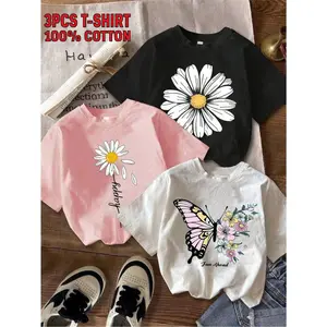 3PCS New Summer  Girl Daisy Flower Butterfly Floral Print Design Short Sleeved 100% Cotton T-shirt Comfy Casual Tees For Girls, Cotton Shirts, Graphic Printed Shirt