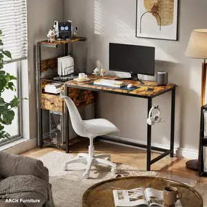 ARCH Metal & MDF Frame Computer Desk, Reversible Storage Shelves, Power Outlet, USB Ports Charging Station, Stable Legs Base, Ergonomic Study Writing Table for Home Office, Brown