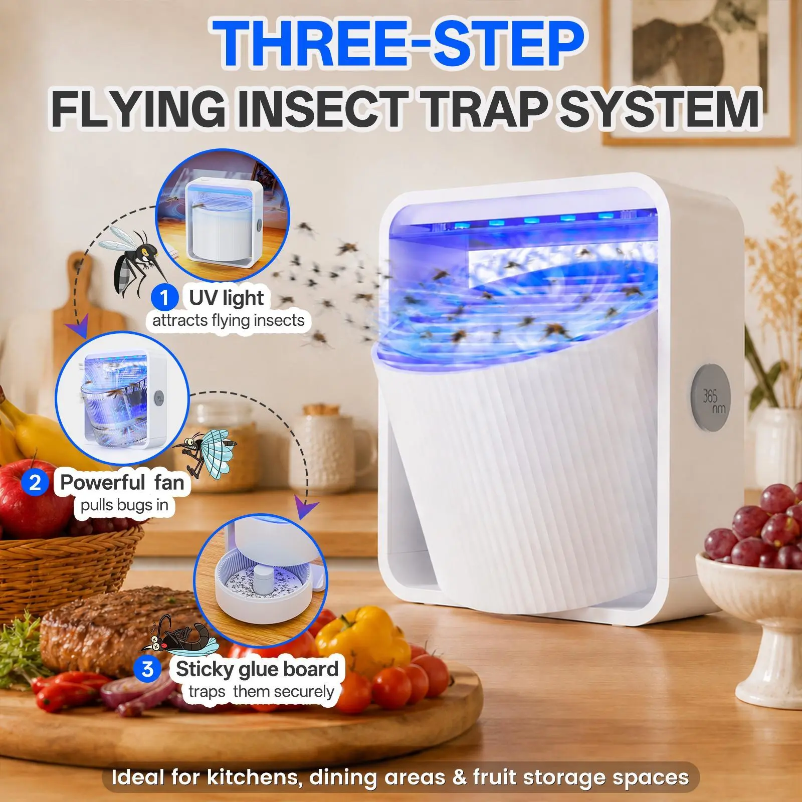 Indoor Insect Trap with Light and Suction Non Zapper Flying Bug Catcher for Mosquitoes Fruit Flies Gnats and Moths for Home Use,5 Sticky Pads Included, USB-C Powered