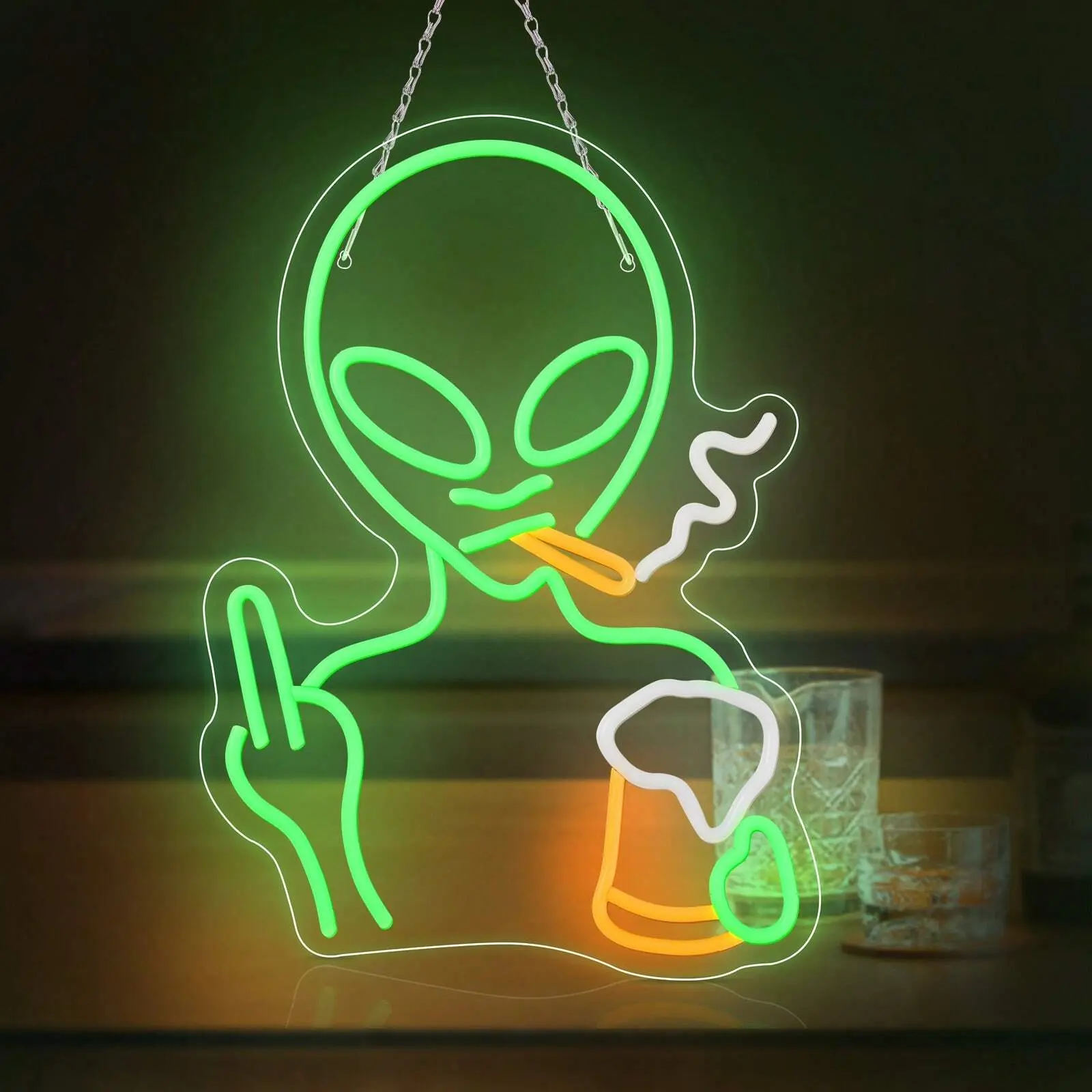 SERBASIC Acrylic Alien Neon Sign Wall Light - Dimmable, USB-Powered, with ON/OFF Switch, Green & Orange Design, Modern Whimsical Decor, Wall Hanging for Clubs, Gaming Rooms