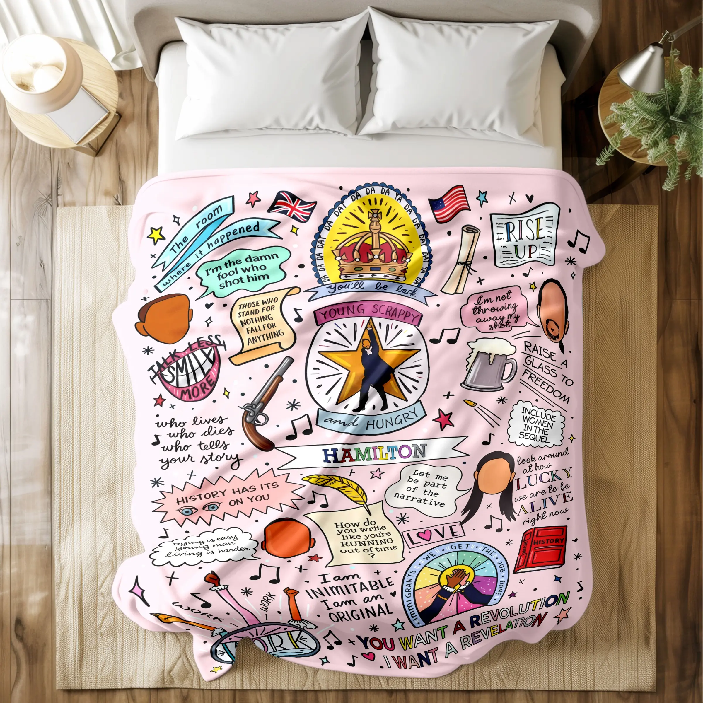 Hamilton Musical Printed with Iconic Quotes & Artwork - Slogan Print Blanket, Flannel Throw Blanket, Super Soft & Skin-friendly, Machine Washable, Multi-Size for Bed, Camping & Office Naps, Ideal Gift for Broadway Fans