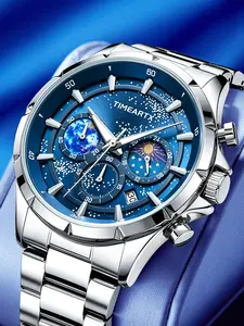 TIMEARTX Luxury Men's Watches High Quality Watches Fashion Starry Design Quartz Watch Luminous Wristwatch Business Moon Phase Casual Watch