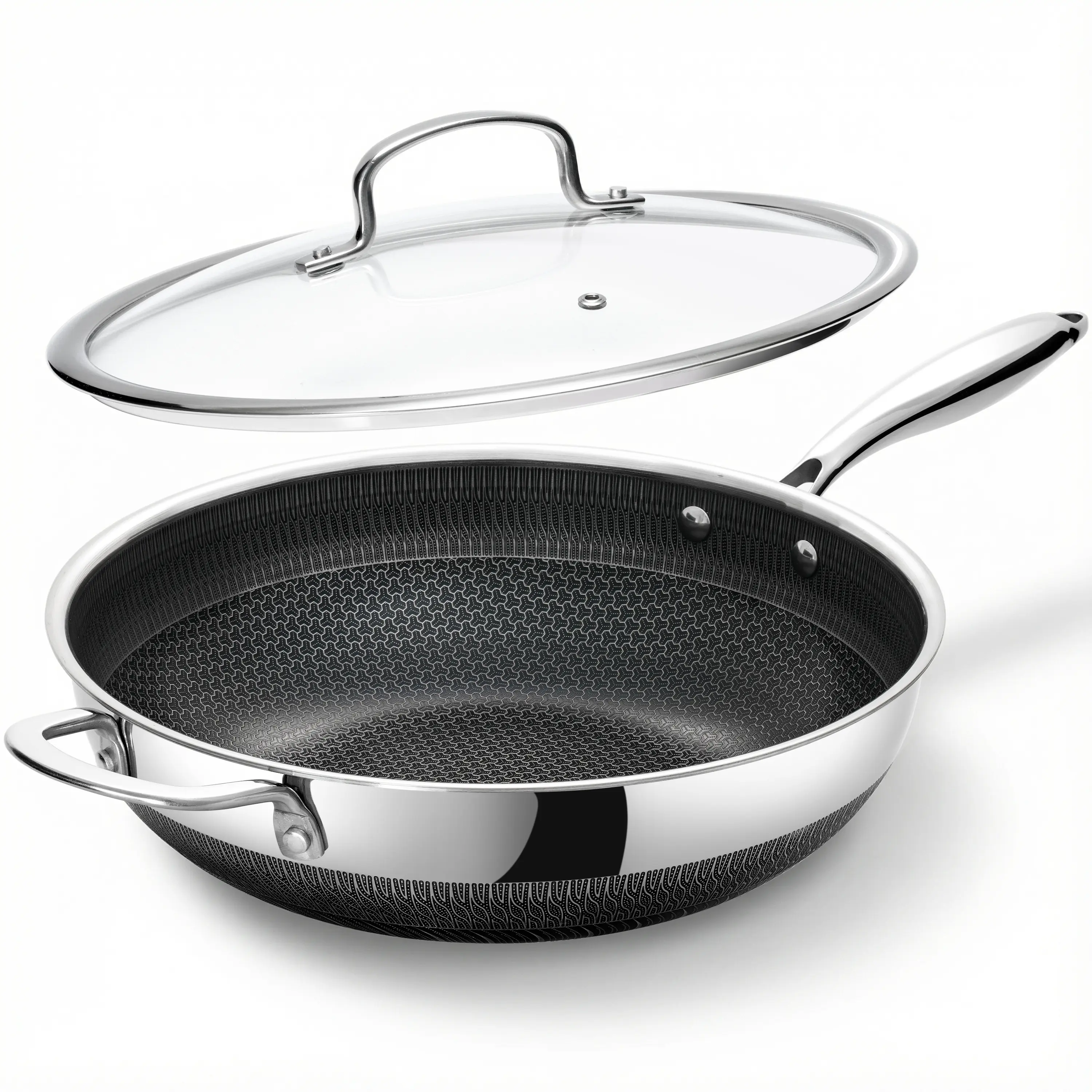 USELUCK Nonstick 12-Inch Wok with Glass Lid,Hybrid Tri-ply Stainless Steel WokCompatible with All Cooktops.