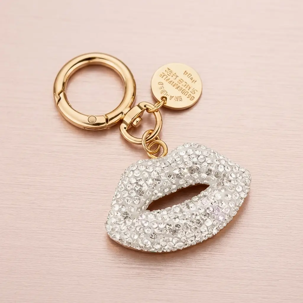 Artisan Crystal Keychain for Women, Designer-Inspired Handmade Craft with Sparkly Rhinestones, Metallic Gold Purse Pendant & Phone Charm, Artisan Crystal Charm Keychains, Lip Shape, Designer-Inspired Metallic Keychains