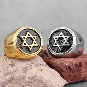 Judaism Hexagram Star of David Stainless Steel Men's Rings Punk Hip Hop for Male Boy Biker Jewelry Creative