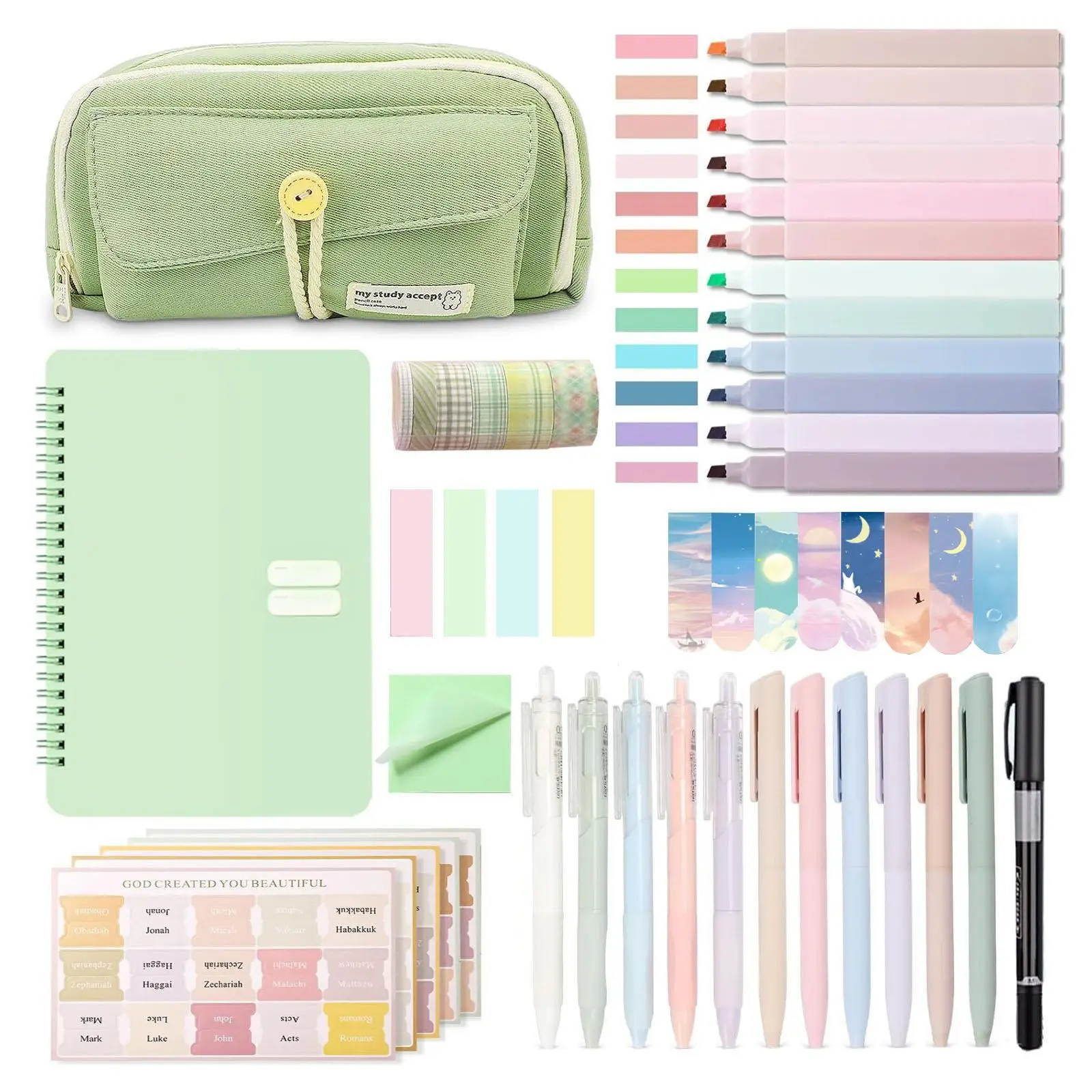 Bible Journaling Kit, 1 Set Including Highlighters & Pens & Bible Tabs & Sticky Notes & Pencil Case & Notebook, Devotional Notebook, School Journal St