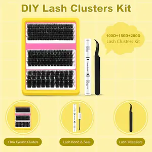 Lash Extension Kit Thick Cluster Eyelash Extensions 100D 150D 200D 12-18mm Lash Clusters Kit Individual DIY Home Use Lashes Clusters Extension with Bond & Seal