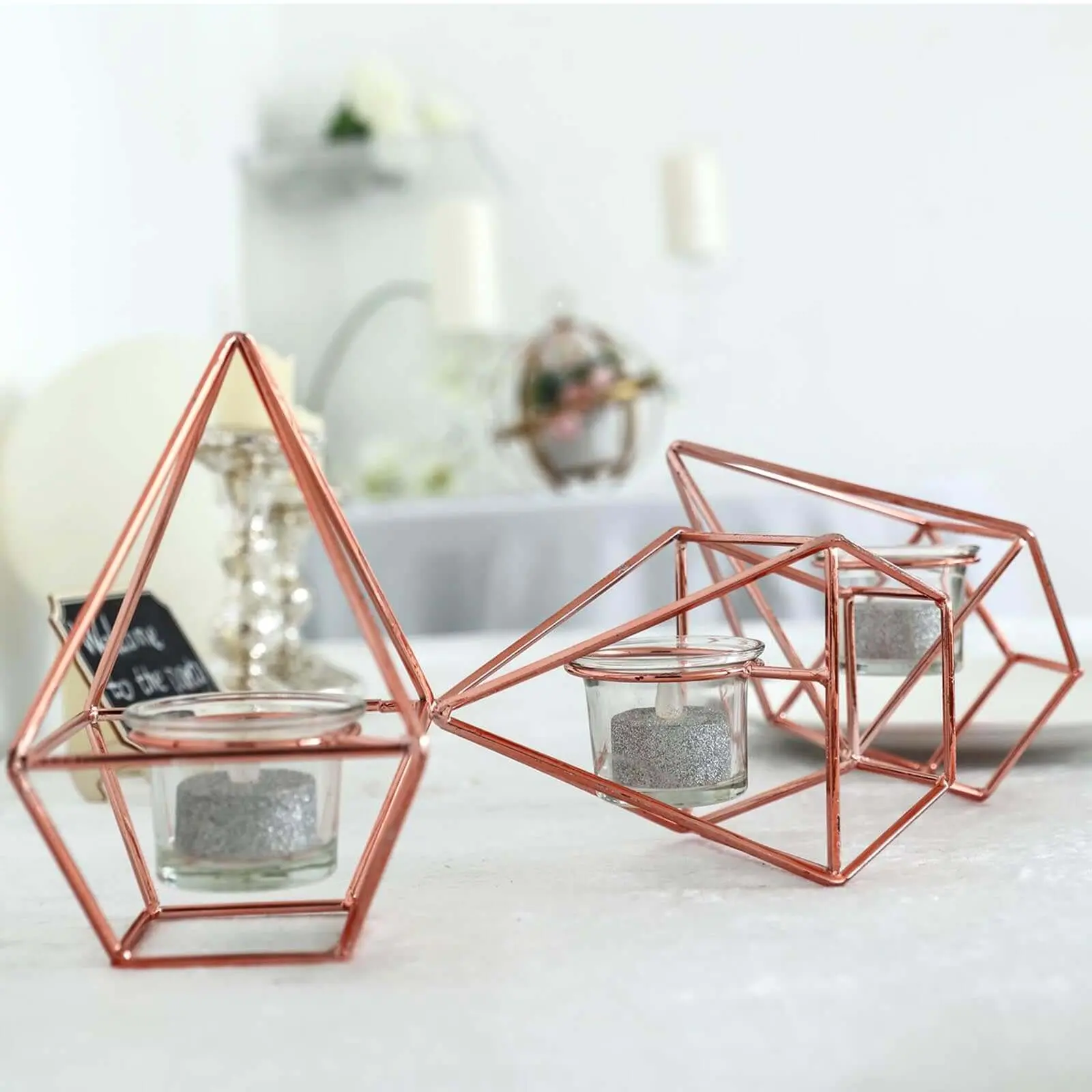 Rose Gold Linked Geometric Metal Candle Holder Set - 16" Decorative Candlestick Holders with Modern Votive Glass, Candle Stand for Home Decoration & Wedding Table Gatherings, Decorative Candle Candlestick Holders