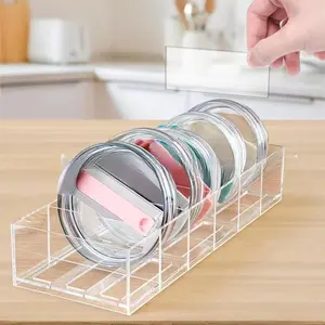 Acrylic Transparent Storage Box with Adjustable Compartments for Tumbler Lids Easy Access Durable Non-Rusting Kitchen Organizers 6 Compartments 284x106x53mm