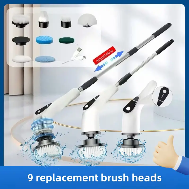 Portable All-in-1 Powerful Rechargeable Spin Scrubber - USB Rechargeable Handheld Scrubbing Cleaning Brush with 9 Replaceable Heads for Home, Car Deep Cleaning (Floor, Carpet)