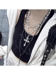 Gothic layered cross necklace with imitation pearl tassel choker, punk collar accessory, multi-layered sweater chain