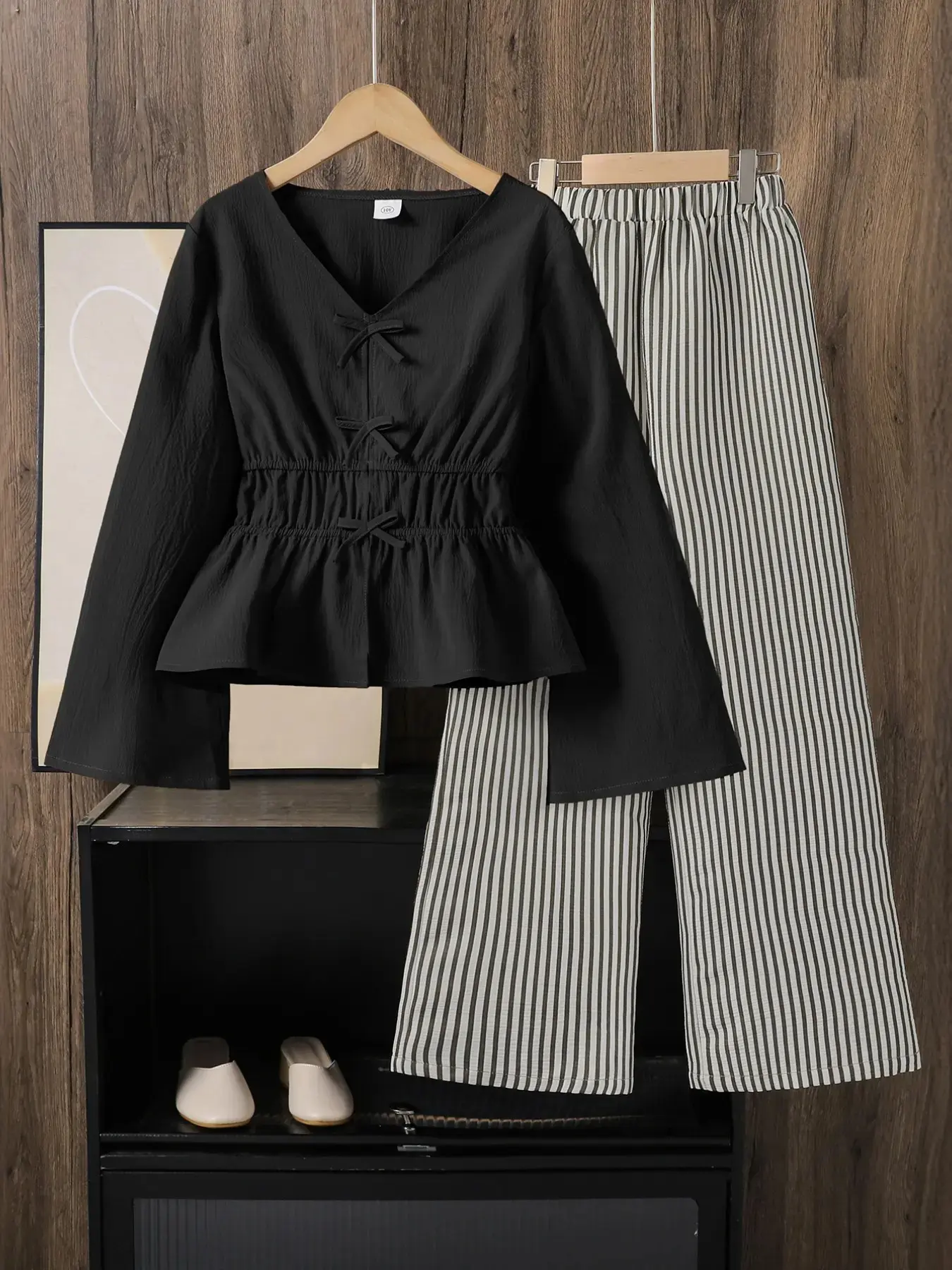 2026  Girls V Neck Bow Design Long Sleeve Top & Striped Elastic Waist Pants Set, Fine Girls Outfit, Fashionable Chic Trendy Casual Kids, Matching Outfits Set