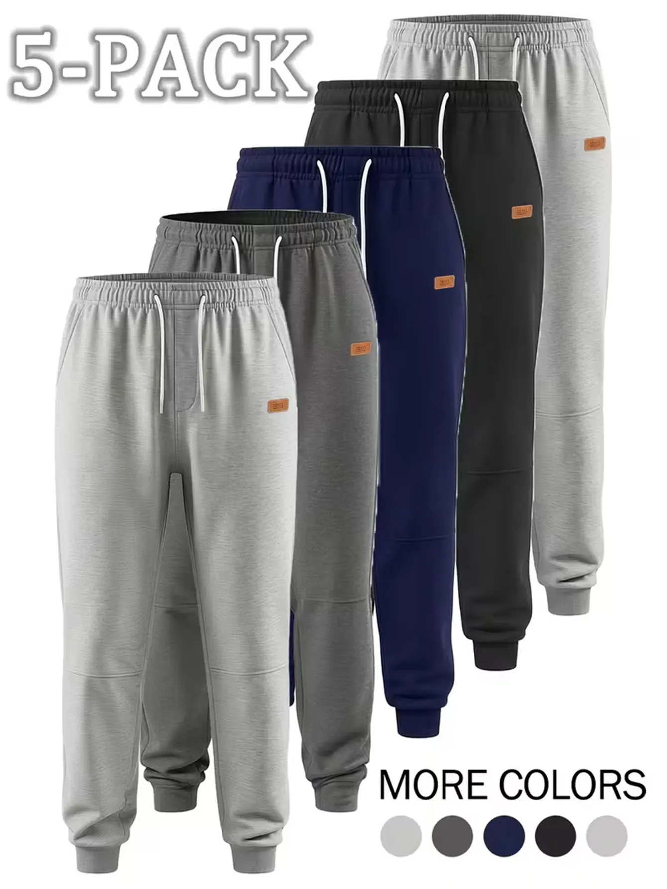 5-Pack Men's Fleece Joggers, Standard Fit Mid Waist Sweatpants with Drawstring and Cuffed Hems for Gym & Loungewear