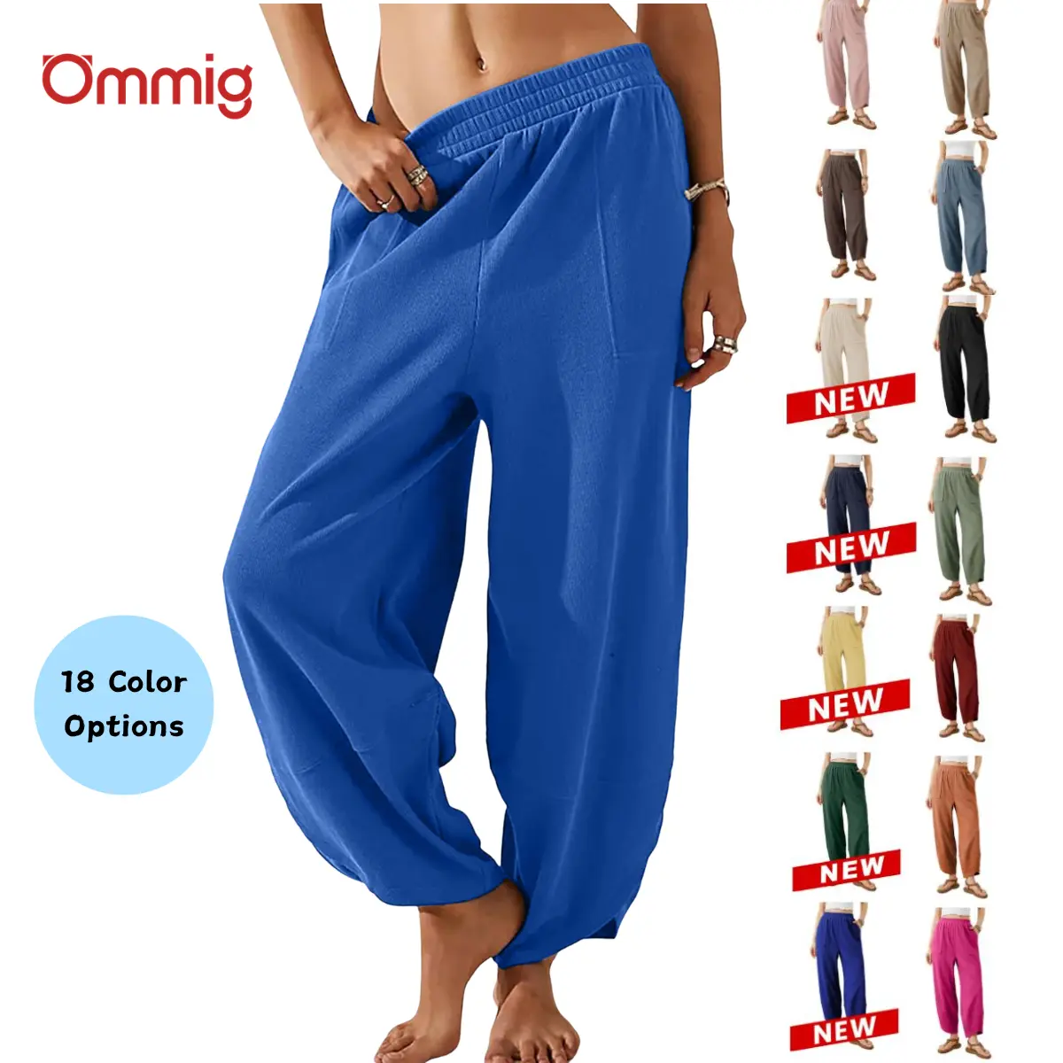 Ommig Women's Baggy Wide-Leg Trousers Pants - Casual Elastic-Waisted Palazzo Harem Bottoms with Pockets, Basic Lady's Women's Clothes