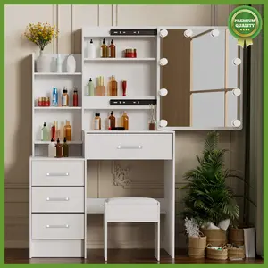 Vanity Dressing Table W/ LED Sliding Mirror & Stool Set Makeup Dresser 4 Drawers