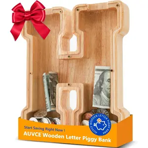 Wooden Piggy Bank - Large Wood Money Box for Kids - Letter Money Bank, Educational Gift for Baby Shower, Birthday & Nursery(H)