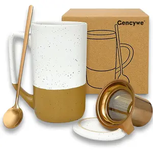 Ceramics Large Tea Cup with Loose Leaf Infuser, Spoon and Lid, 16 oz Tall Coffee Mug, Microwave and Dishwasher Safe, Rustic Matte Ceramic Glaze, Tea Strainer, Amber